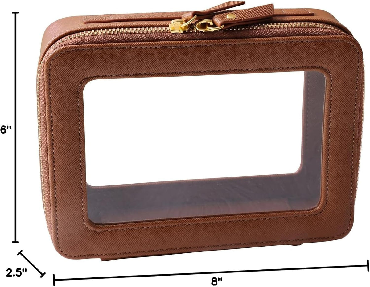 SANHECUN Toiletry bag waterproof cosmetic organizer with handle large opening for travelling car organizer (Brown)