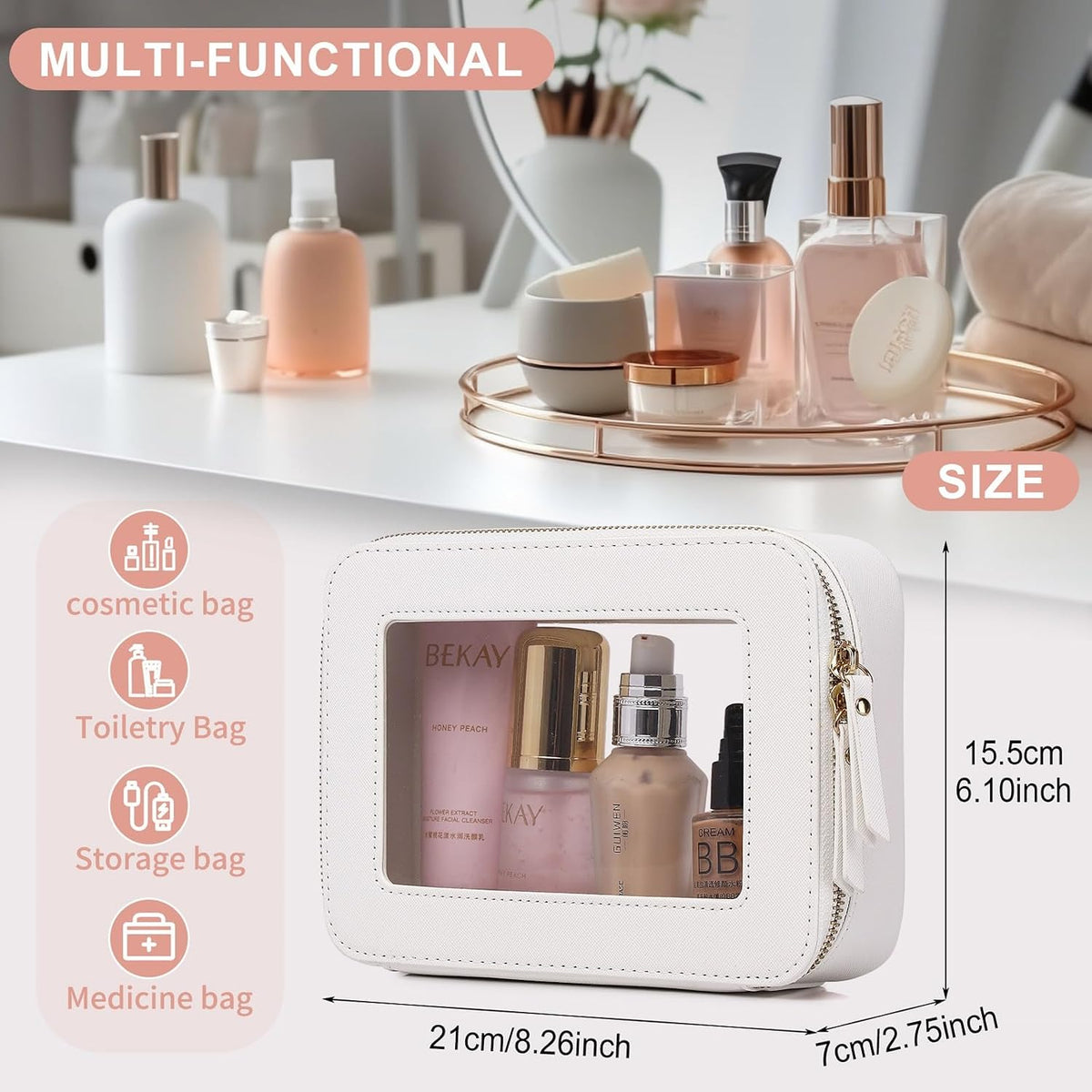 Pinkmik Clear Makeup Bag, (White, M)