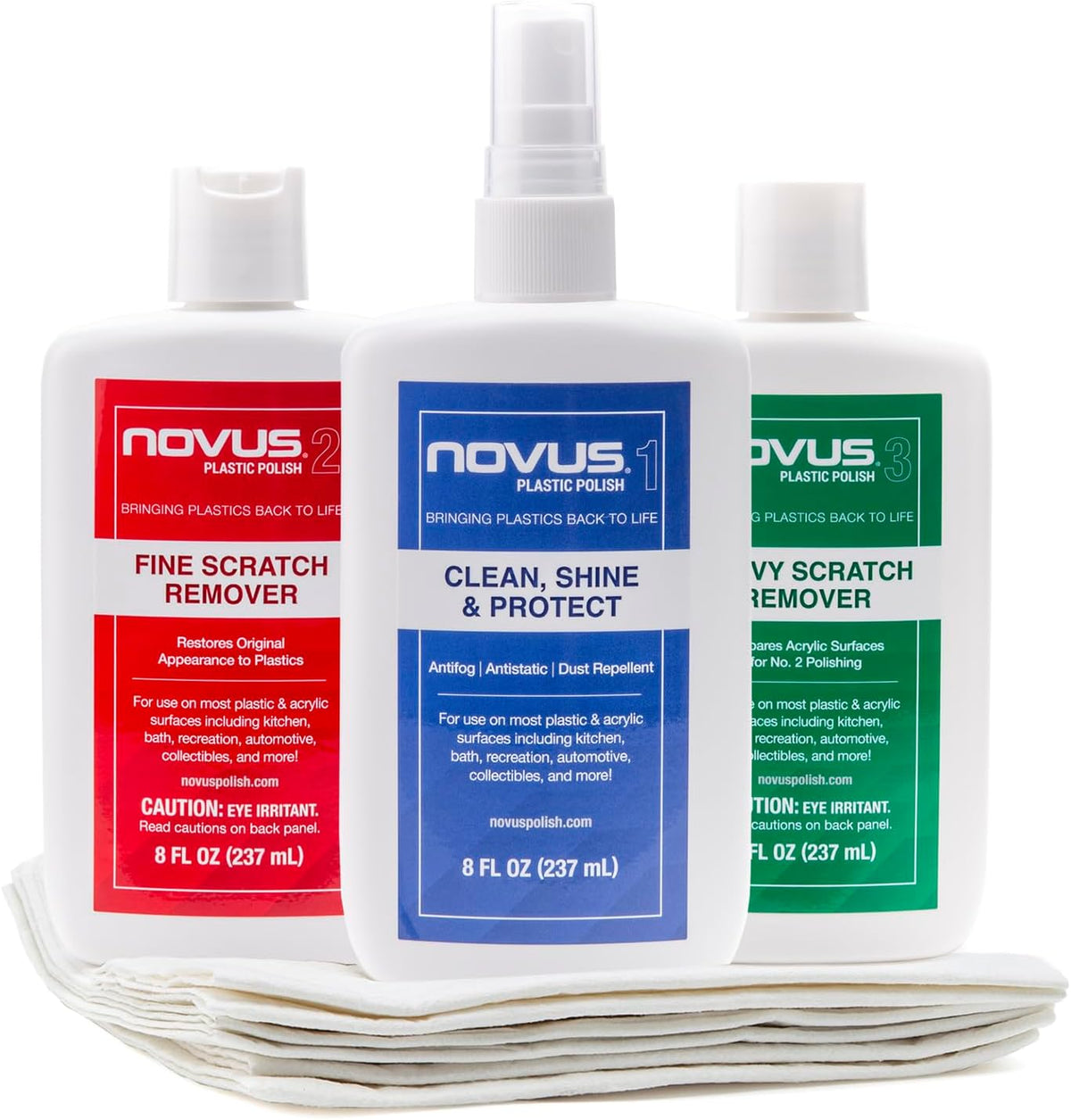 NOVUS-PK1-8 | Plastic Clean & Shine #1, Fine Scratch Remover #2, Heavy Scratch Remover #3 (8 Ounce, 6 Polish Mates)