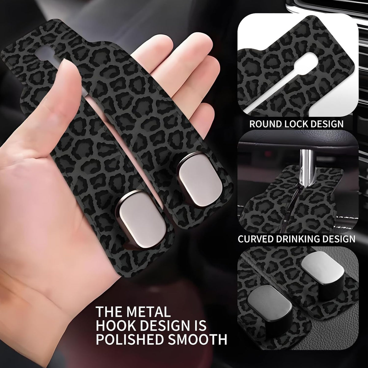 Car Seat Back Storage Headrest Hook, Premium Leather Double Metal Hook, Hanger Storage Organizer for Purse Cloth Bag, Car Interior Accessories Cute Black Leopard