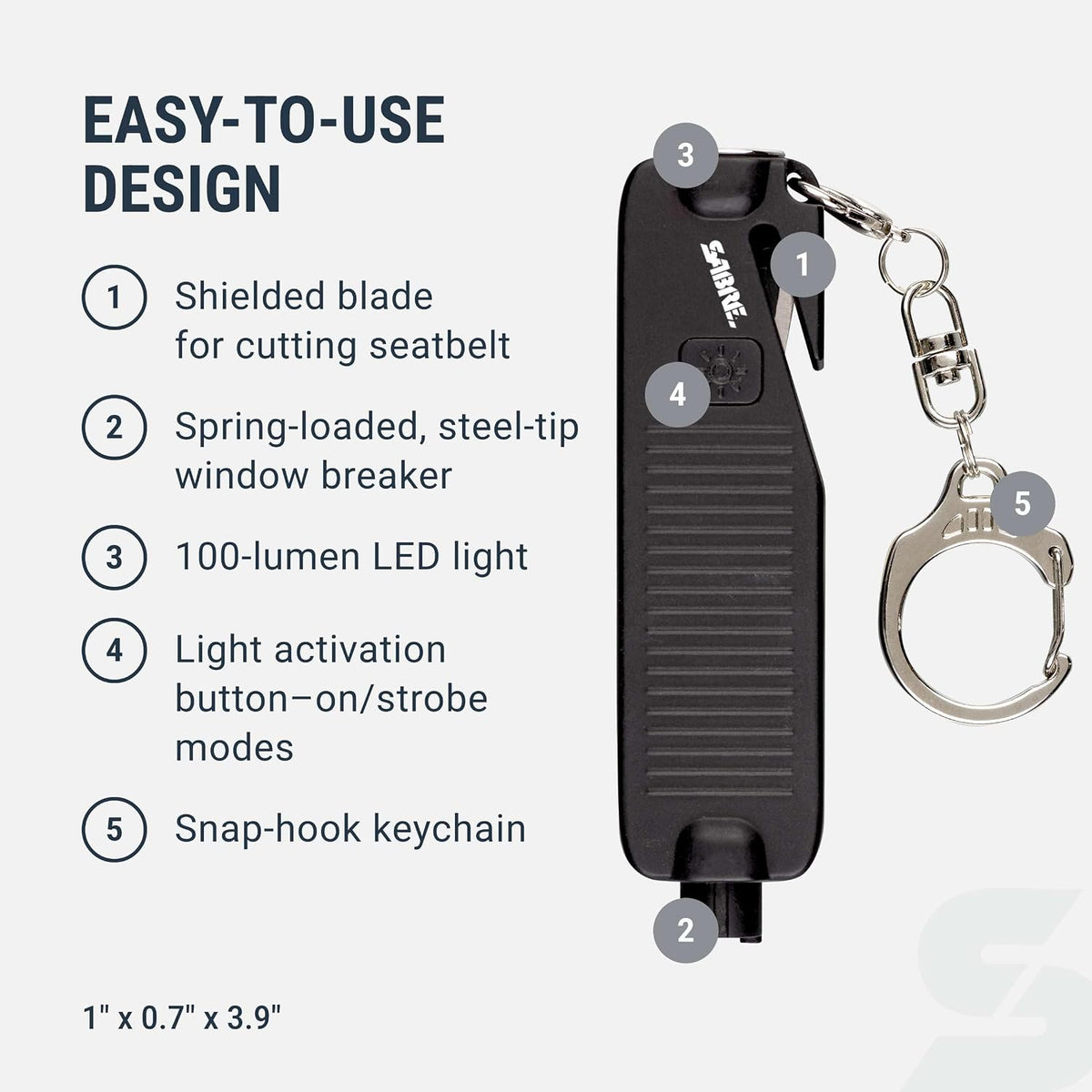 Sabre Safe Escape™ 3-in-1 Car Escape Tool for Car Safety with Spring-Loaded Window Breaker, No Swing Required, Seat Belt Cutter, LED Flashlight, Compact Auto Safety Tool for Emergencies