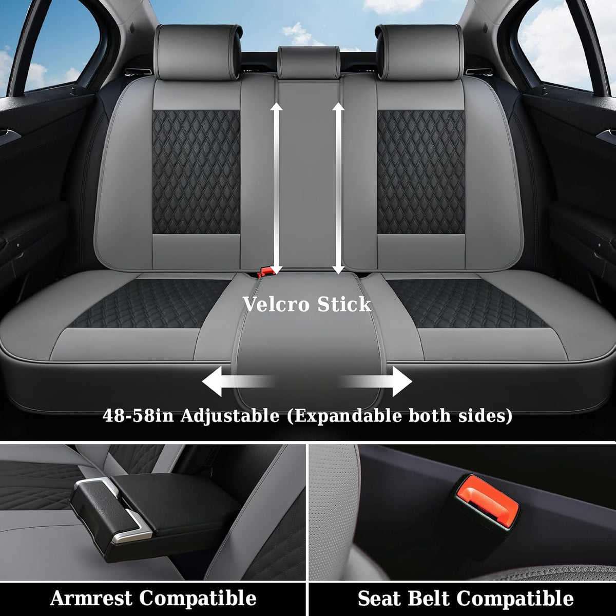 Coverado Car Seat Covers Full Set, Nappa Leather Seat Covers, Waterproof Car Seat Protector with Lumbar Support, Automotive Seat Covers Universal Fit for Most Cars SUV Trucks (Black-Gray)