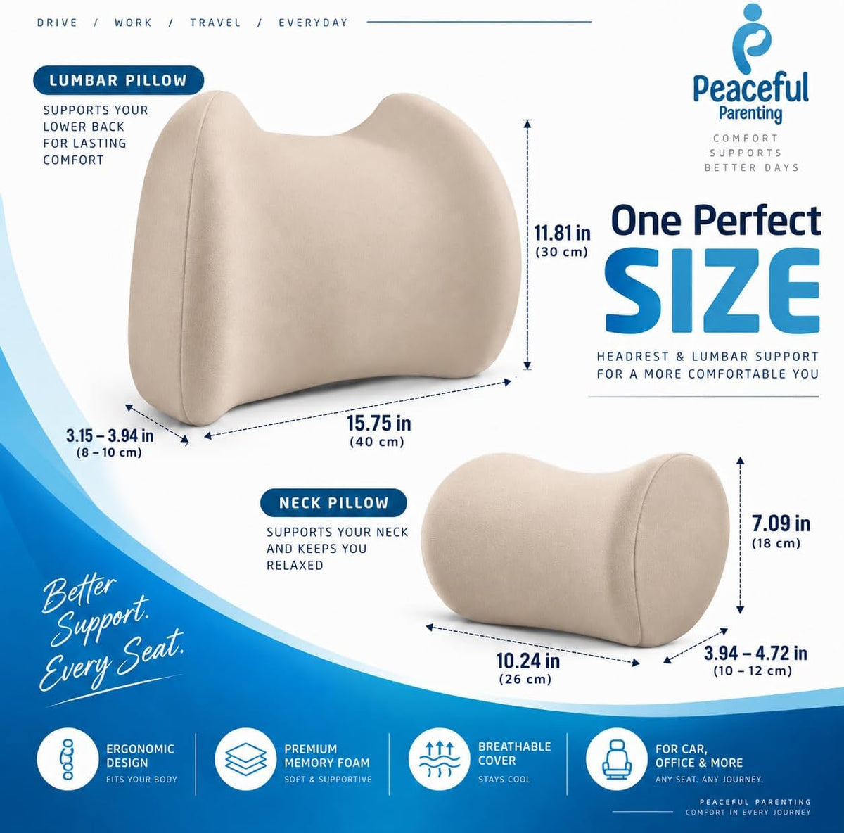 Lumbar & Neck Support Pillow Kit - Beige - Back & Neck Support Pillow for Car & Office Chair - Memory Foam Pillow - Ergonomic Pillow for Neck & Back Pain Relief