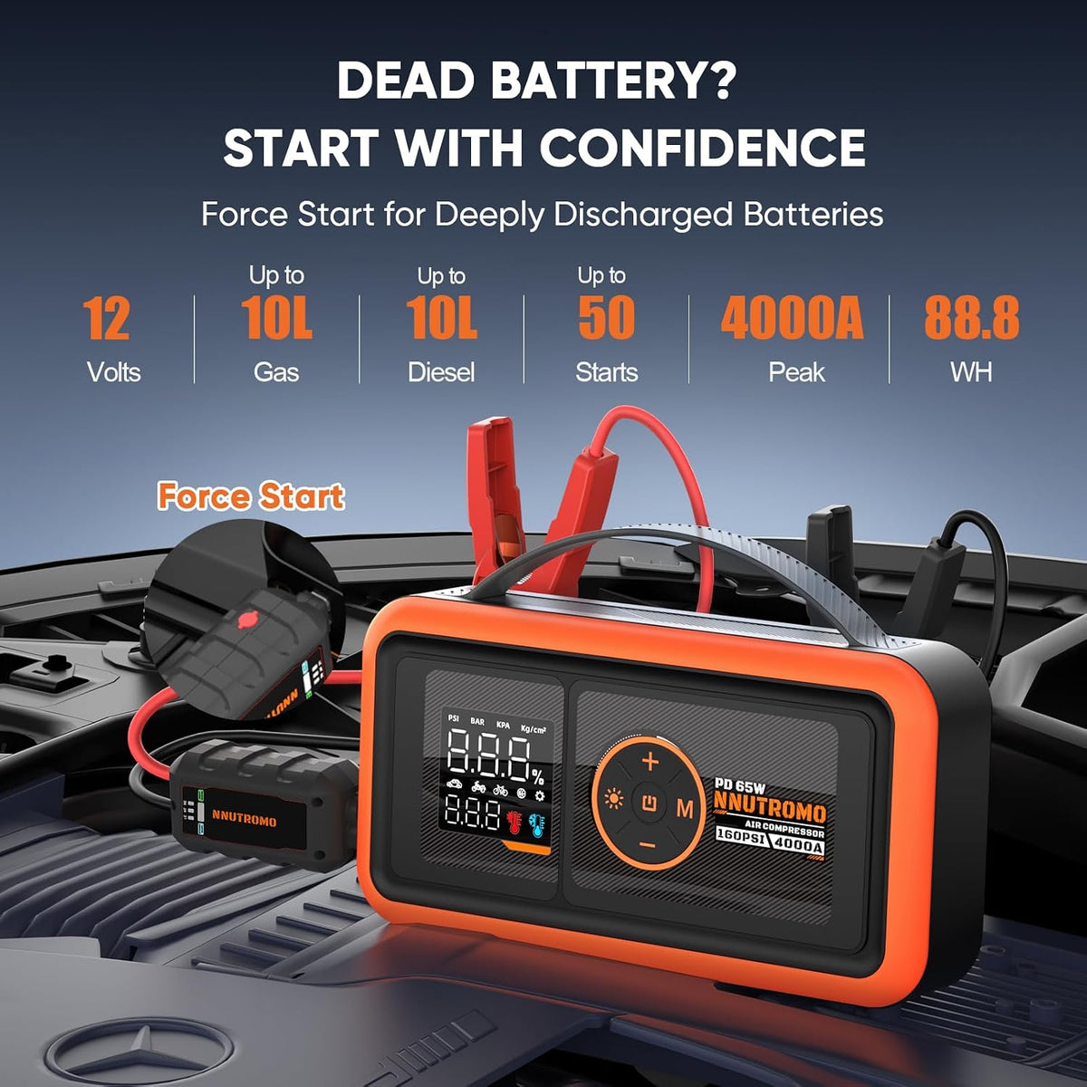 4000A Jump Starter with Air Compressor, 65W USB-C Fast Charging, 24000mAh