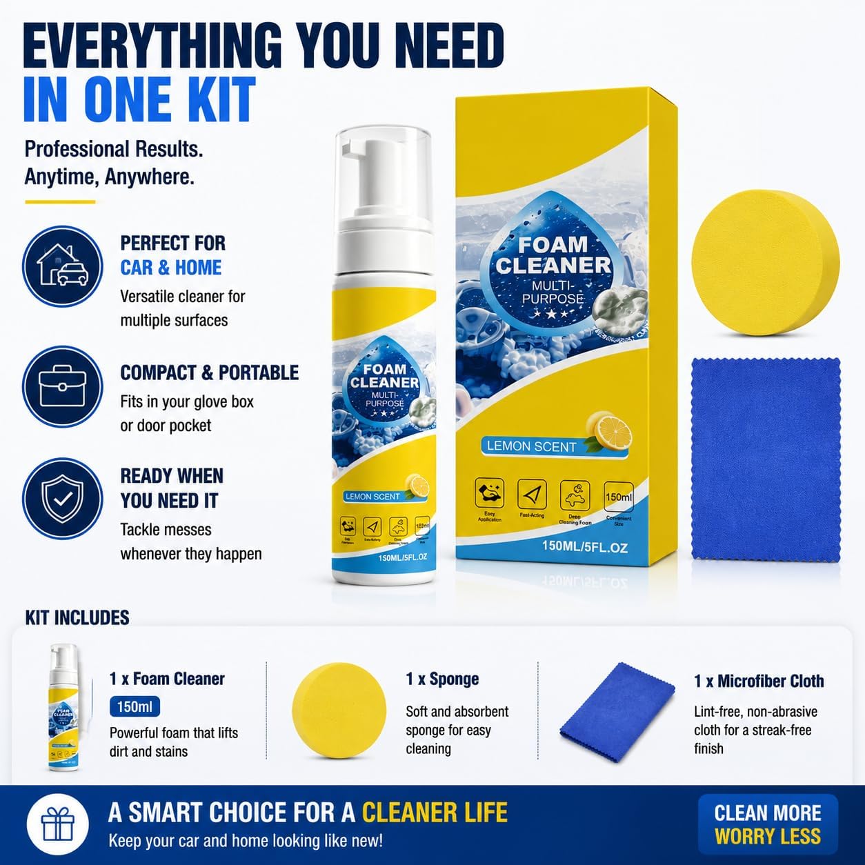 Multi-Purpose Foam Cleaner for Car Interior and Upholstery, 150ml | Leather & Fabric Seat & Dashboard Cleaner, Vinyl & Surface Foam Spray. Deep Cleaning Kit with Plant-Derived Formula
