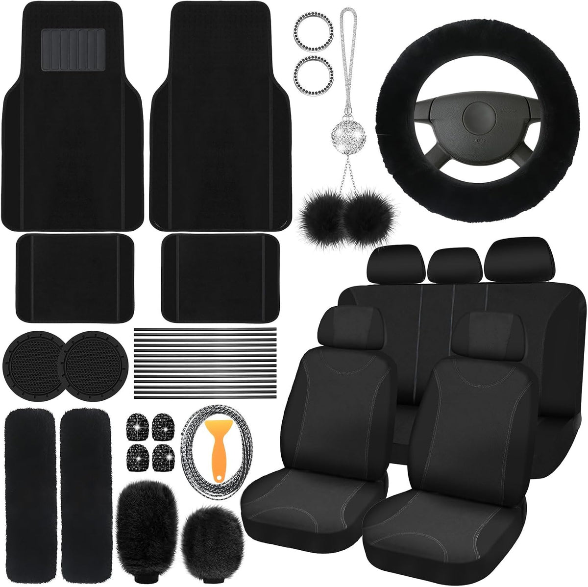 Woanger 47 Car Seat Cover Full Set Car Accessories for Women, Black