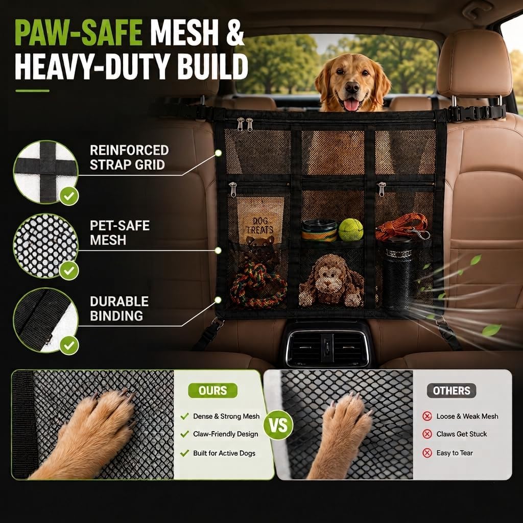 Dog Car Barrier 2026 Upgrade, Double Layer Mesh Dog Net for Car Divider with Storage Organizer, Universal Fit for SUVs, Sedans & Trucks, Easy to Install & Breathable Vehicle Travel Fence