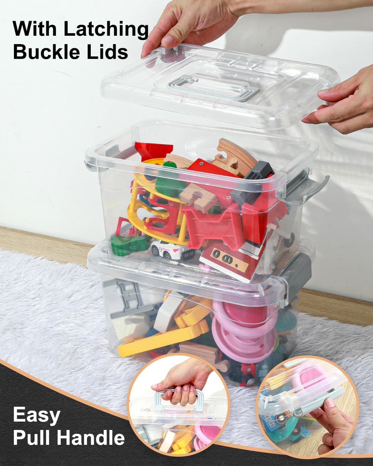 EOENVIVS Plastic Storage Bins 7 Quart-Storage Organizer Bins with Grey Buckle Lids, Stackable Storage Bins with Lids for Home Office Kids Room Closet School Art Supplies Organization,6 Packs, Clear