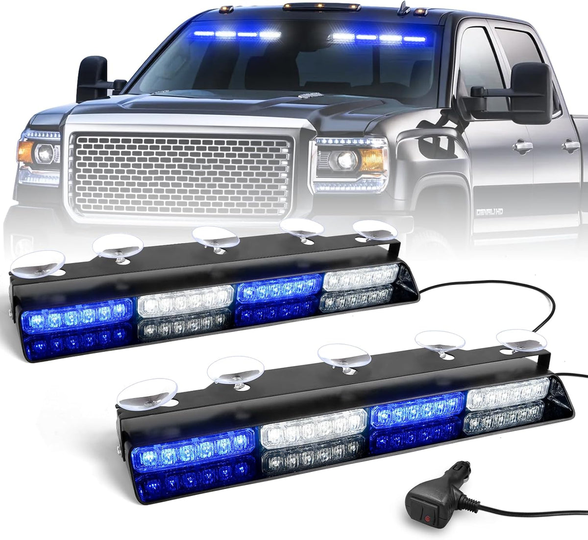 HLauto 6Z4J Emergency Dash Strobe Lights: 2x16.8 inch Red Blue Safety Lights, 48 LED Flashing Warning Hazard Interior Windshield Visor Traffic Light Bar for Trucks, Construction Vehicles