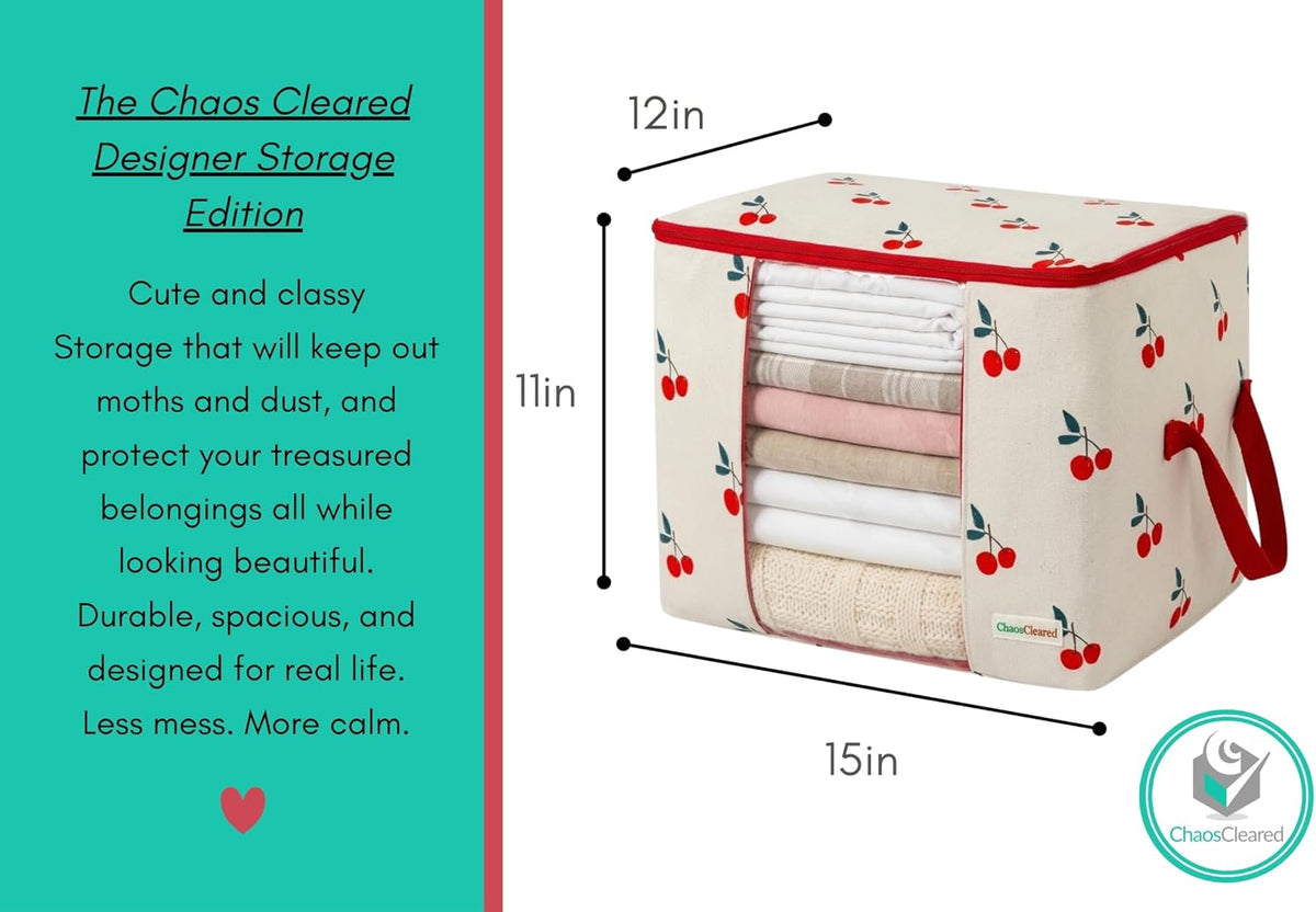 Chaos Cleared Kids Storage Bags – 100% Cotton Canvas Toy & Clothes Organizer with Cute Design – Storage Bin for Stuffed Animals, Baby Items & Clothes with Zipper & Handles (Cherry Print)