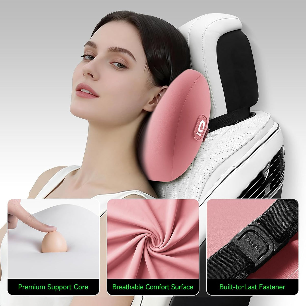 BEBAS Memory Foam Car Headrest Pillow - Breathable Neck Support Pillow for Driving, Universal Fit Cars/SUVs/Tesla/Toyota & Office Chair, Removable Cover (Pink, 4-Season)