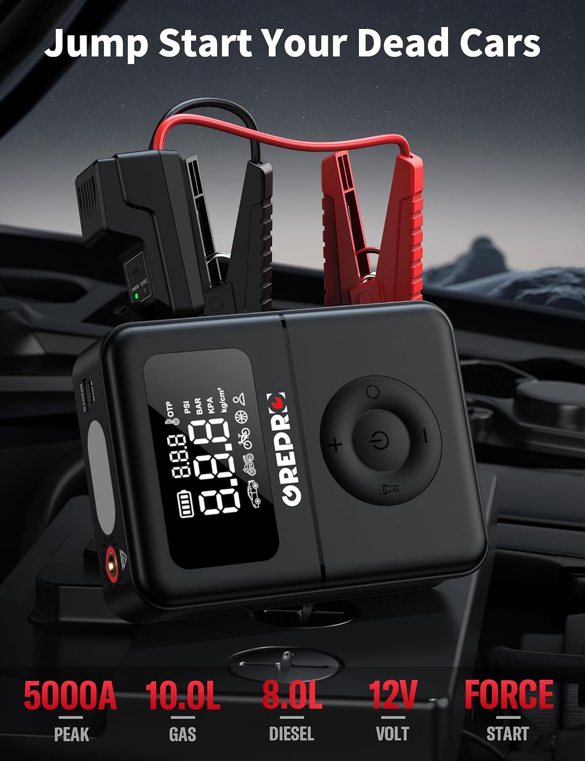 GREPRO Jump Starter with Air Compressor, 5000A Battery Jumper Starter Portable(10.0L Gas/8.0L Diesel),150PSI Tire Inflator 12V Car Battery Booster with Jumper Cables, Digital Display, LED Flashlight