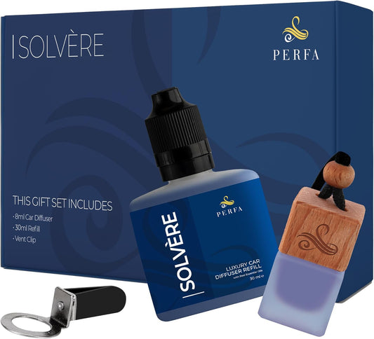 Solvère Gift Set with Refill Bottle | Automotive Air Fresheners with Solvère Fragrance | Strong Car Perfume | Odor Eliminating Car Air Fresheners by Perfa