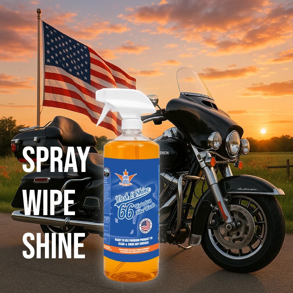Shinykings California Wash&Shine 66 | WATERLESS Motorcycle Cleaner | Motorcycle and Car Wash&Wax | All Surfaces | Bike Polish | Chrome Cleaner | Multipurpose Detail Spray (32 fl.oz Orange)