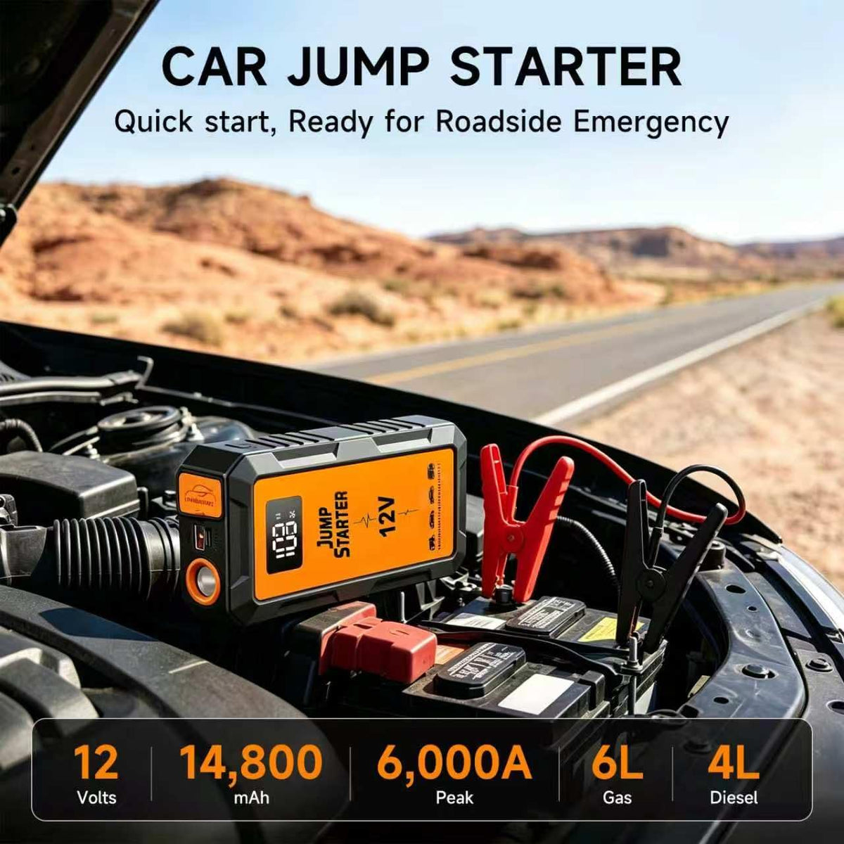 6000A Car Jump Starter, Battery Jump Starter Portable for 6L Gas Engines,12V Battery Jump Box with Jumper Cables, Power Bank with USB Type-C Ports