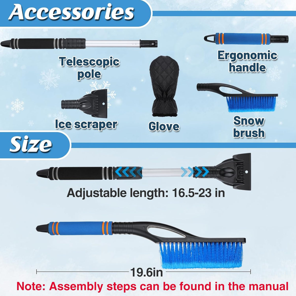 Acostop Snow Brush & Ice Scraper for Car Windshield with Glove - 16.5"-23" Extendable Snow Scraper Long Handle Brush Warm Glove Kit for Remove Quickly Automotive/Cars/Trucks/SUVs