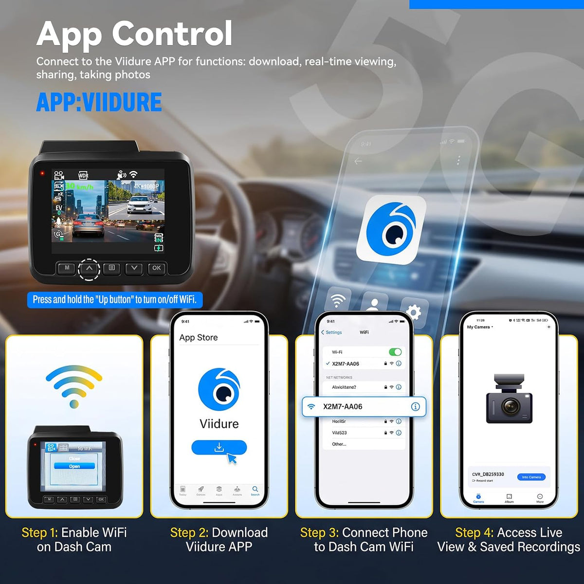 4K Dash Cam Front and Rear,WiFi with App Dash Camera for Cars Built-in GPS Night Vision Wide Angle 2.4" IPS Screen, Loop Recording, 24H Parking Monitor