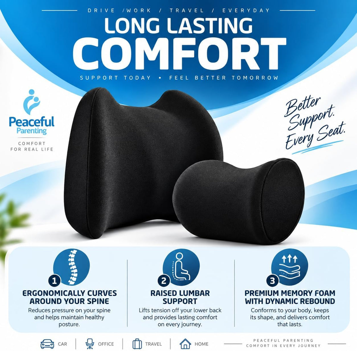 Lumbar & Neck Support Pillow Kit - Black - Back & Neck Support Pillow for Car & Office Chair - Memory Foam Pillow - Ergonomic Pillow for Neck & Back Pain