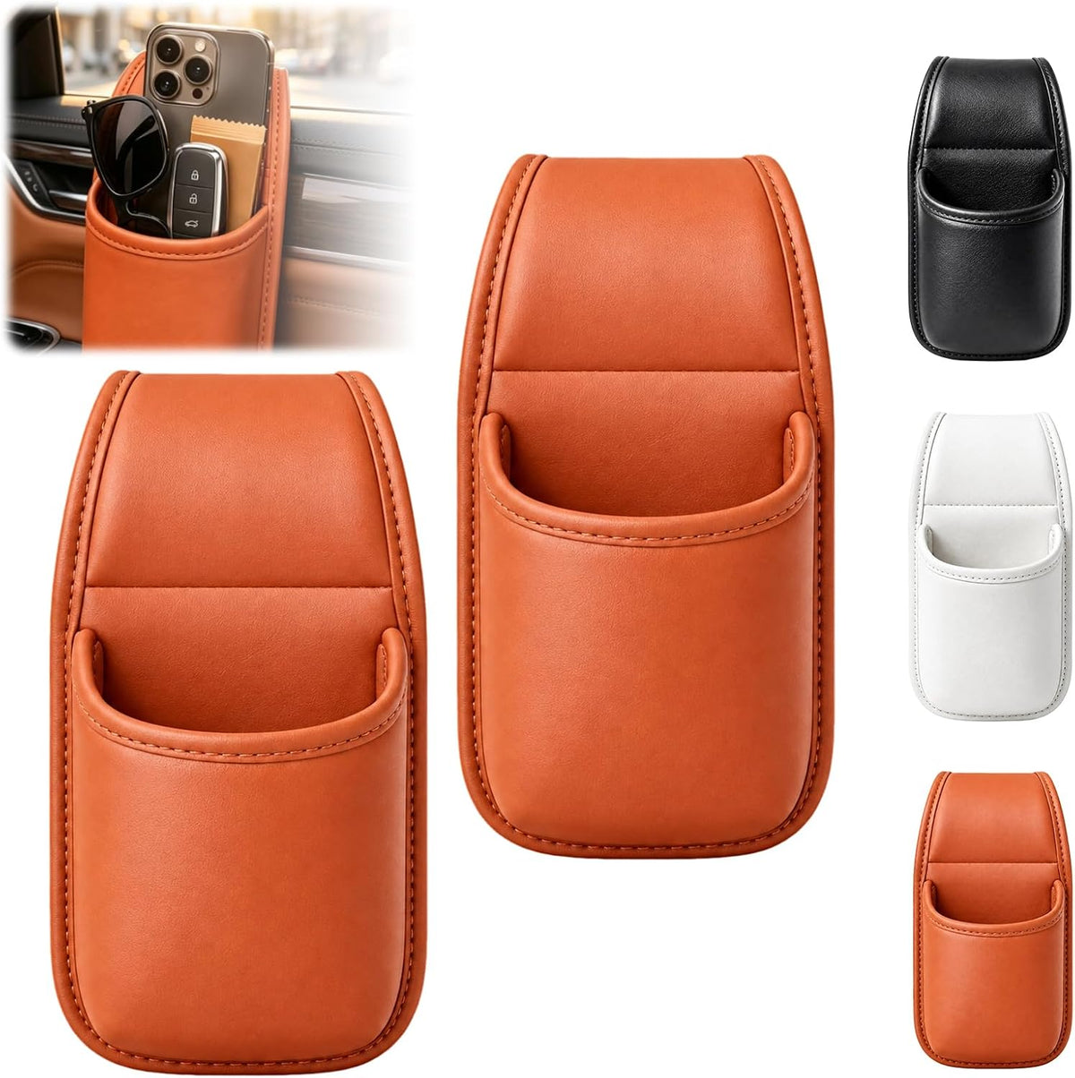2 Pack Leather Car Door Cup Holder for Window,Multi‑Purpose Car Door Side Hanging Holder,Clip on Extra Large Drink Organizer for Phone Drink Bottle Sunglasses,Wide-Mouth Organizer(Orange)