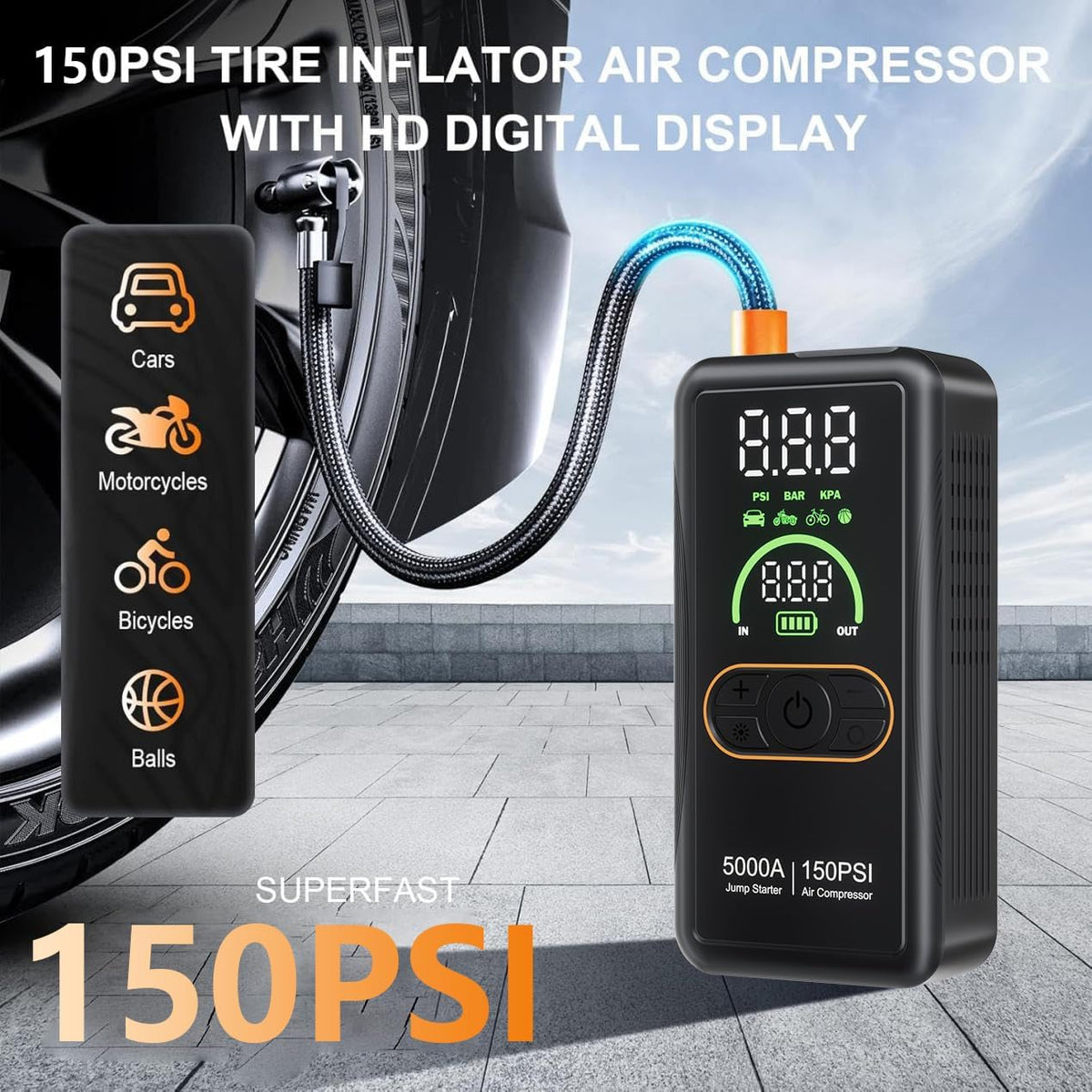 5000A Jump Starter with Air Compressor, Portable Car Battery Jump Starter, 150 PSI Tire Inflator, 12V Jump Box for 8.0L Gas/6.5L Diesel, Auto Shut Off, LCD Display