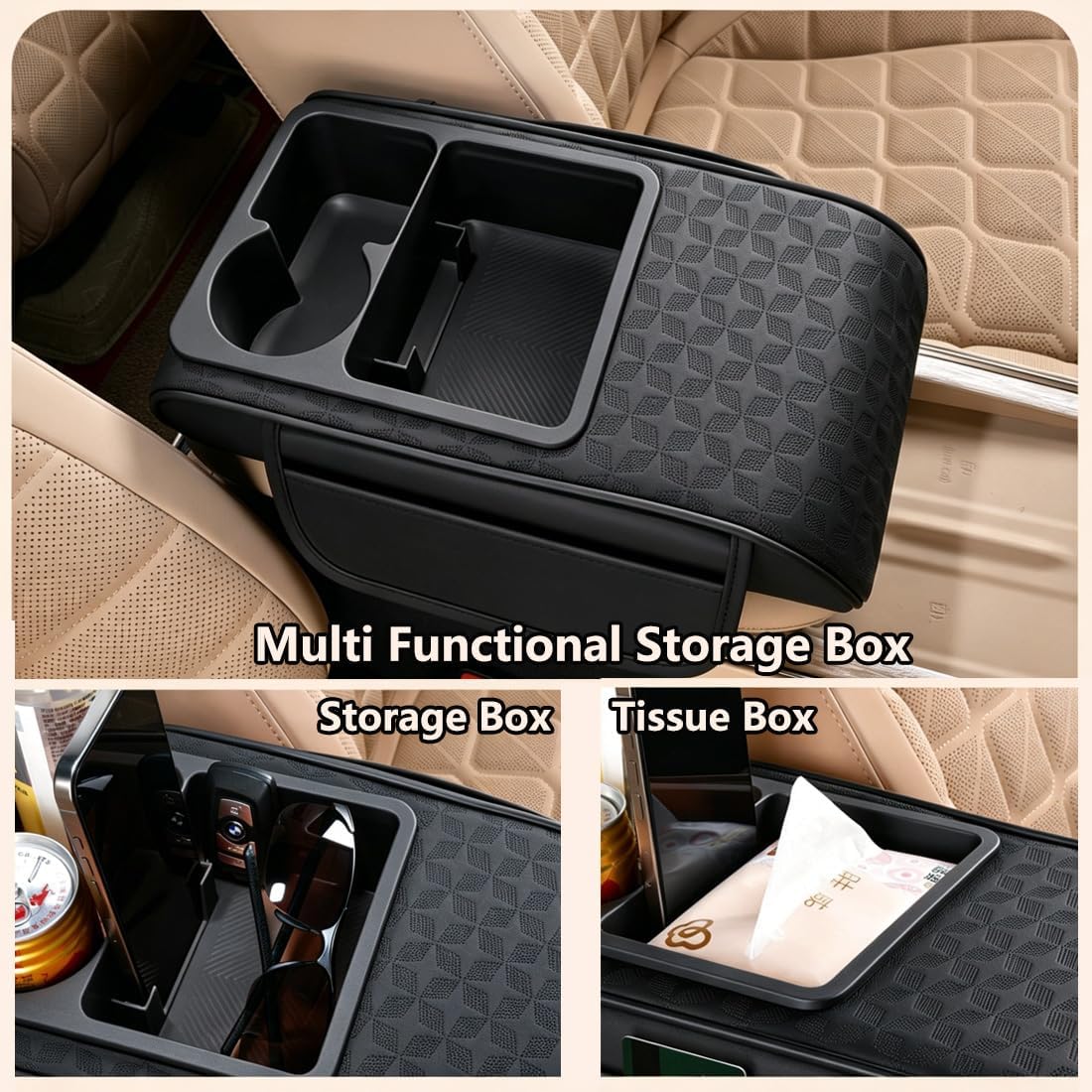Car Center Console Cover, Auto Car Armrest Cushion 5-in-1 with Cup Holder, Tissue Box Slot, Phone Slot for Vehicle, Car Accessories Interior Storage Organizers (Grey)