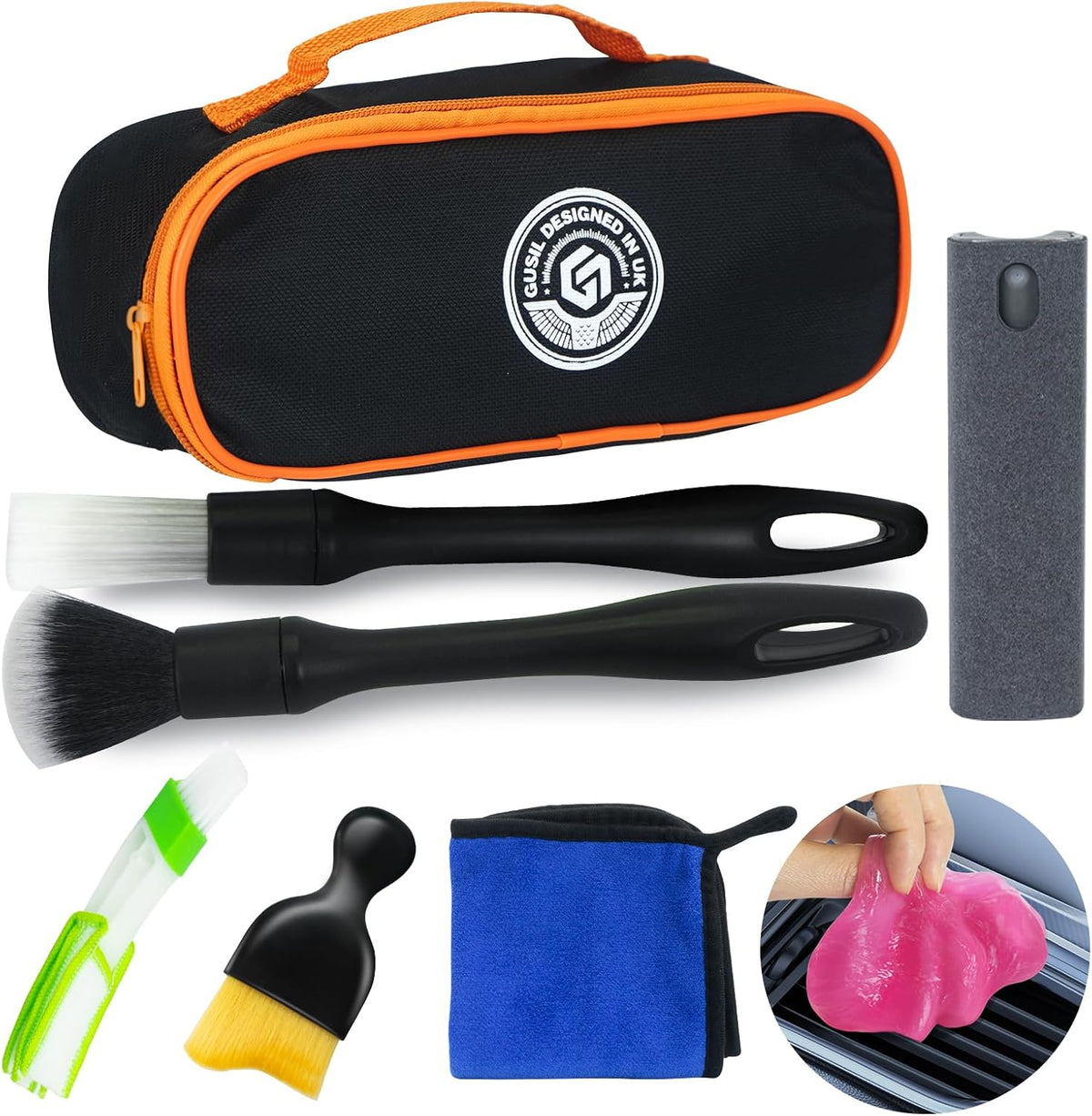 Gusil 8PCS Car Interior Detailing Kit, Dash Duster for Car Interior Detail Brush with Car Cleaning Gel Automotive Detailing Supplies Kit for Auto, Truck, SUV, RV - Car Gifts for Women