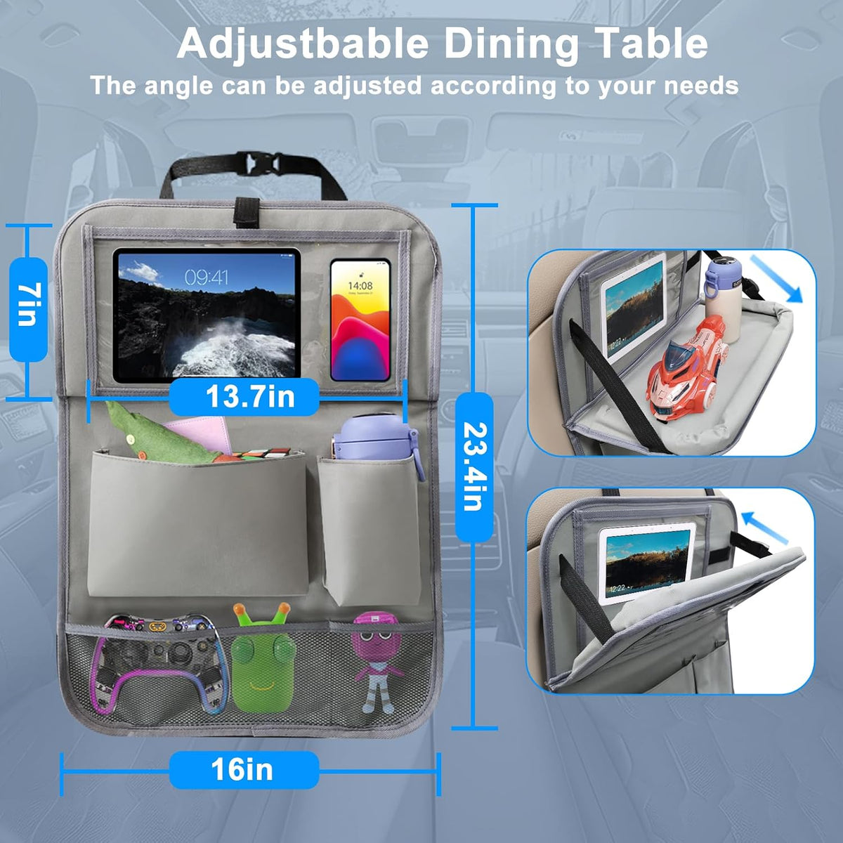 2Pack Car Backseat Organizer with Foldable Table Tray Grey