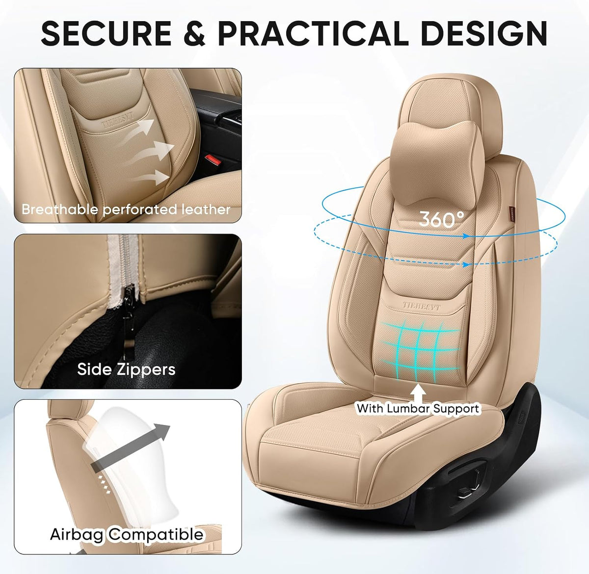 TIEHESYT Beige Car Seat Covers Full Set, Breathable Leather Automotive Front and Rear Seat Covers & Headrest, Automotive Seat Cover, Compatible with Most Cars Sedans SUV Pickup Trucks