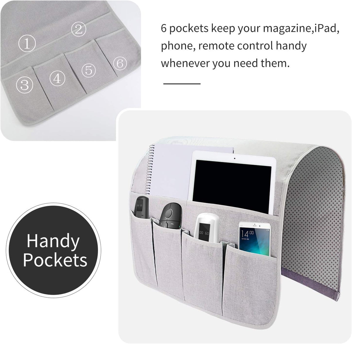 Sofa Armrest Organizer, Remote Control Holder for Recliner Couch, Arm Chair Caddy with 6 Pockets for Magazine, Tablet, Phone, iPad