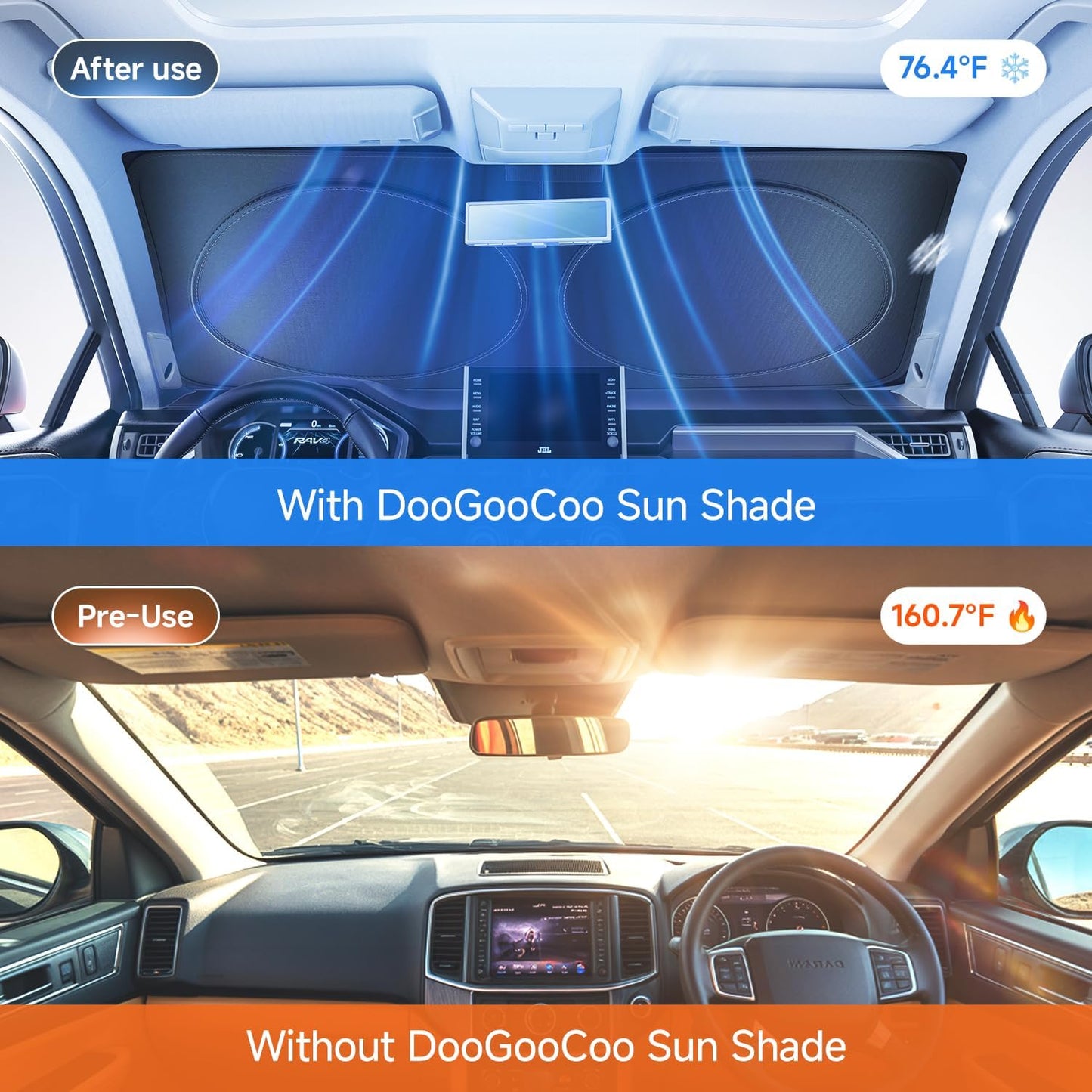 [Upgrade] DooGooCoo Windshield Sun Shade - Medium, Sunshade for Car Windshield [100% Sunlight & UV Block] Car Sun Shade Windshield Protect & Keep Car Cooler Foldable Front Windshield Shade (64x32 in)