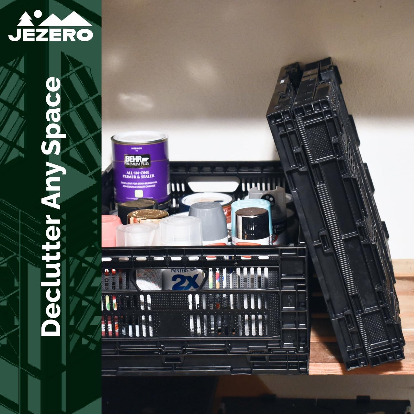 JEZERO Medium Collapsible Plastic Storage Crate – Stackable Utility Bin with Folding Walls for Garage, Closet, Car Trunk, and Home Organization | Black, 24" x 16" x 8"