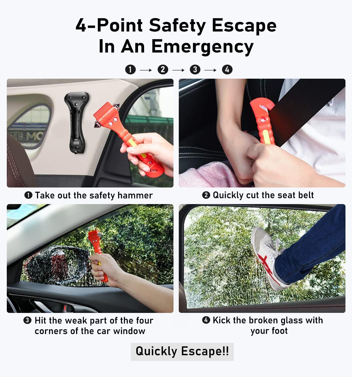 Car Safety Hammer 4 Pack, Car Window Glass Breaker and Seat Belt Cutter Car Emergency Escape Tool with Light Reflective Tape for Family Rescue, Life Saving Survival Kit