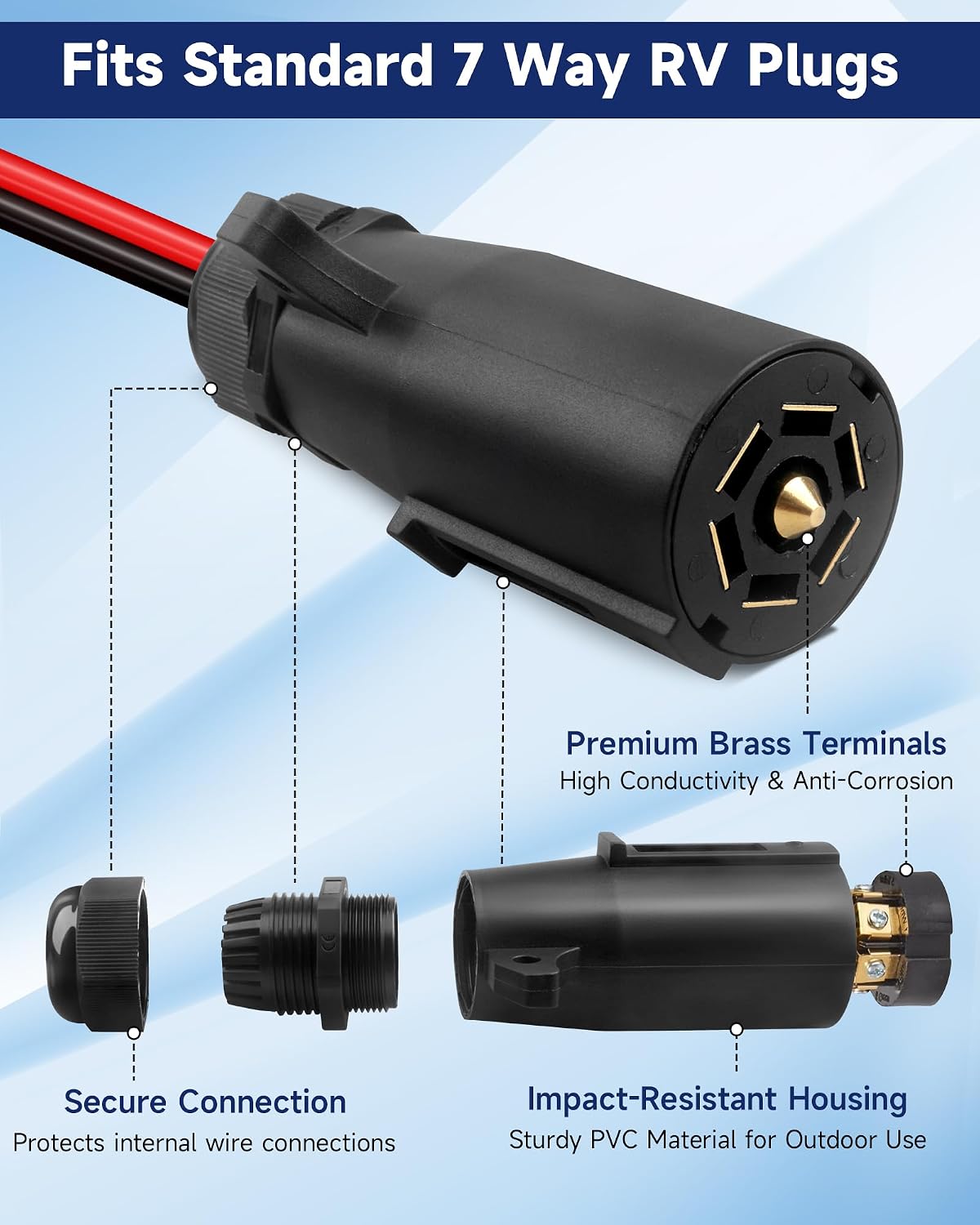 7 Way Trailer Power Cord to Alligator Clips, Heavy Duty 10AWG 6.5FT