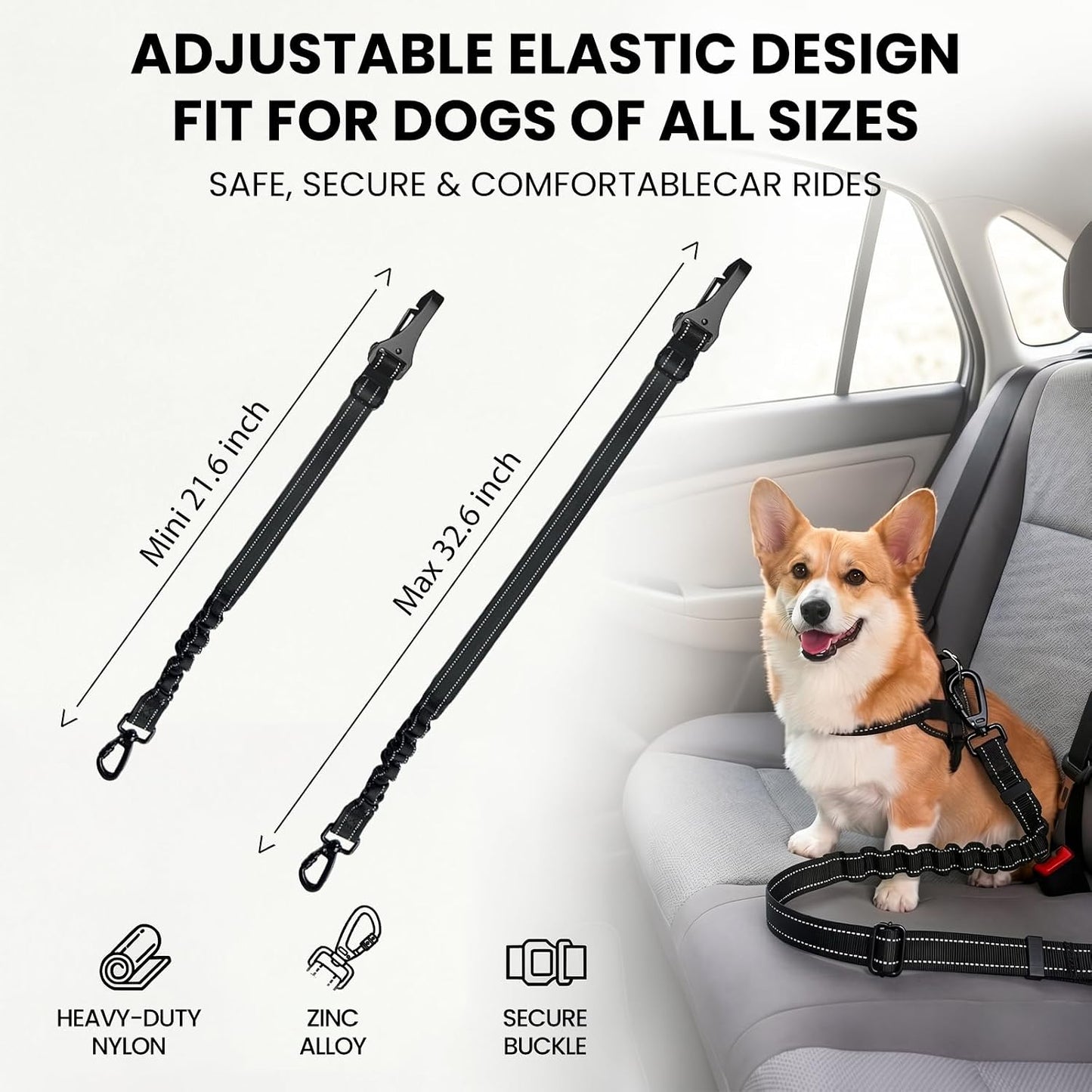Dog Car Seat Belt 3-in-1, Escape Proof Dog Seatbelt for Car, Adjustable Pet Seat Belt with Shock Absorbing Bungee, Heavy Duty Dog Safety Belt for Small Medium Large Dogs, Black