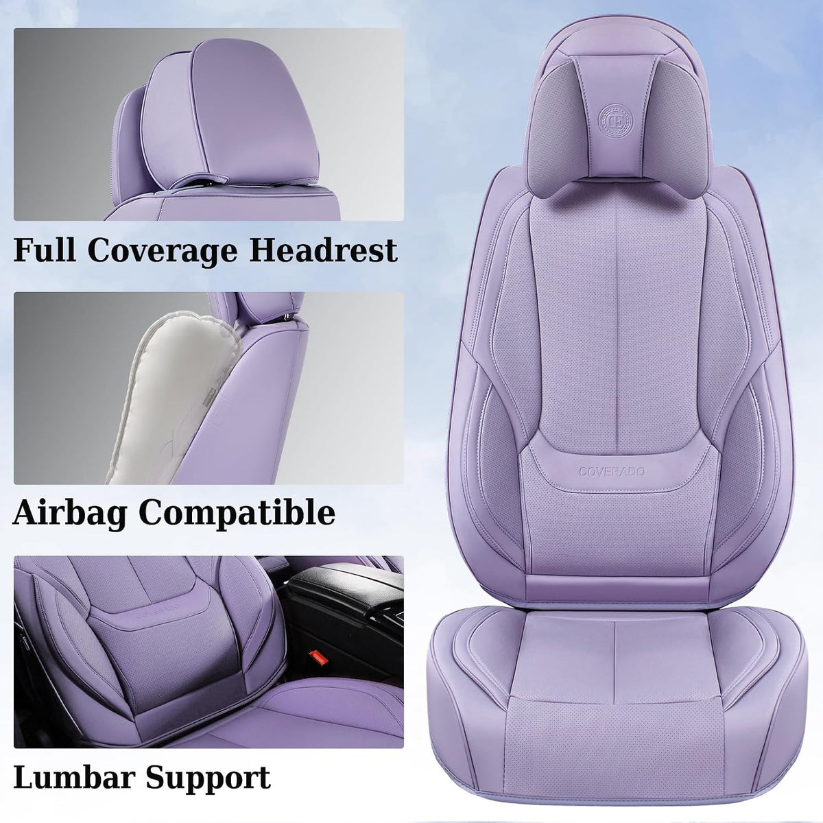 Coverado Universal Seat Covers Front, 2-Pack Universal Seat Covers for Cars, Waterproof Nappa Leather Car Seat Covers with Head Pillow, Auto Protectors Fit for Most Sedans SUV Pick-up Truck-Purple