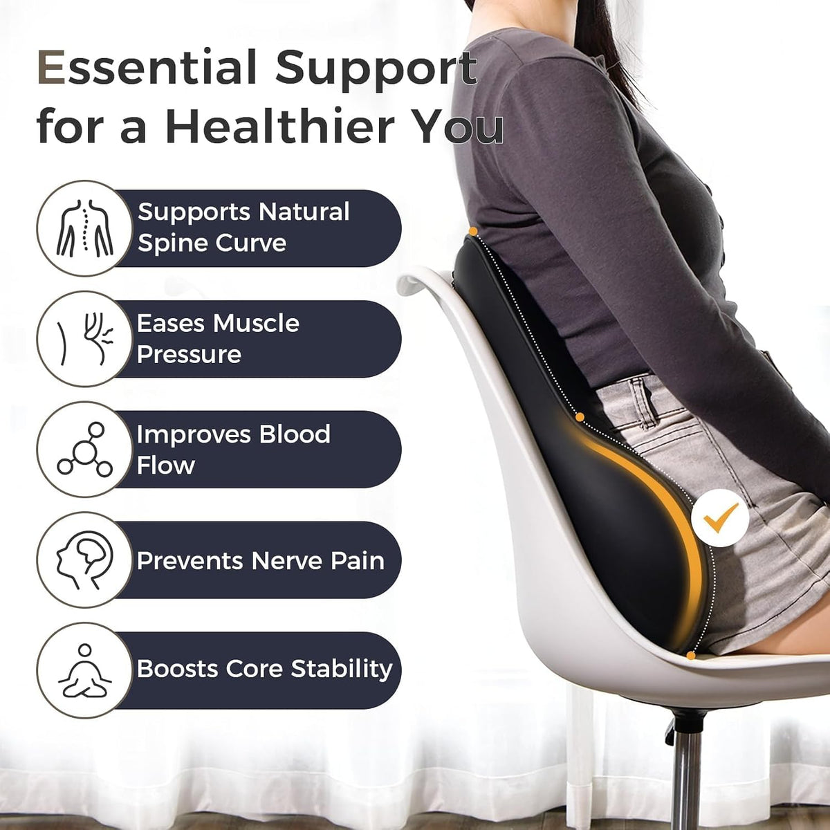 Coverado Lumbar Support Pillow for Car, Ergonomic Memory Foam Back Pillow for Office Chair, Back Cushion for Back Pain Relief, PU Leather Car Lumbar Support for Driving Seat - Black&Gray