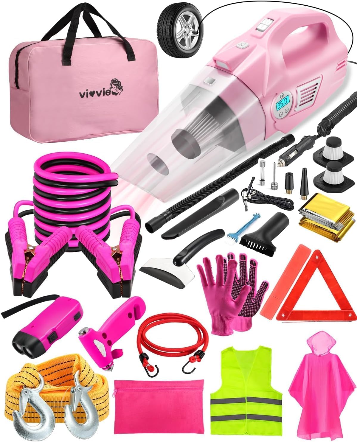 Roadside Emergency Car kit for Vehicles, with 4 in 1 Inflatable Car Vacuum Cleaner, Pink Jumper Cables, First Aid Kit, Tow Rope, Vehicle Road Trip Must Haves Pink Accessories for Women