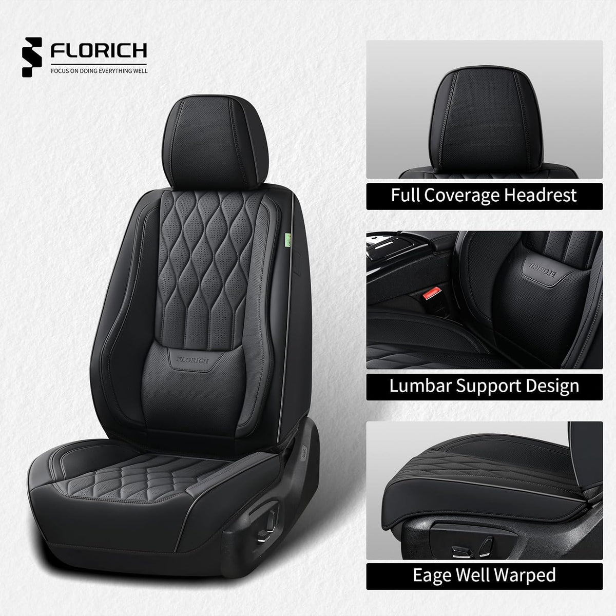 FLORICH Seat Covers Front Seats Leather Car Seat Cover Waterproof Automotive Seat Covers with Lumbar Support Full Coverage Car Seat Cushion Protector Universal Fit for Most Cars Trucks SUV, Black