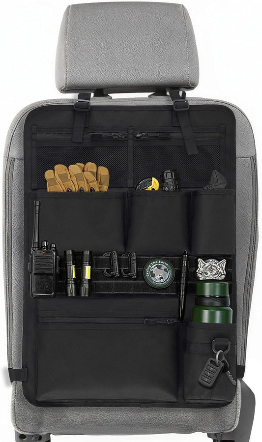 Tactical Car Seat Organizer with Multiple Pockets, MOLLE Panel System & Mesh Compartments, Durable Nylon Universal Vehicle Backseat Storage with Cup Holder, Water-Resistant (Black)