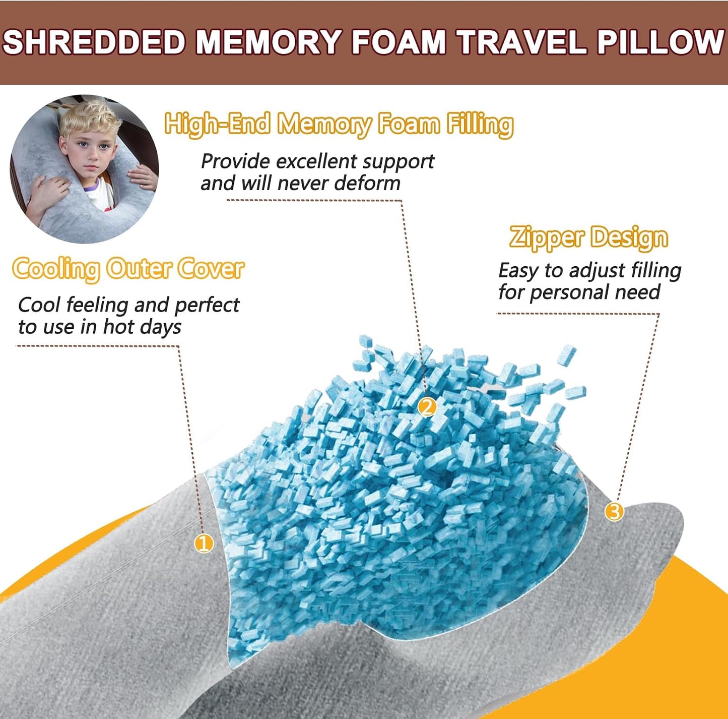 1 MIDDLE ONE Car Pillow for Kids, Memory Foam Cooling Travel Pillow for Car and Adults, Kids Car Pillows for Sleeping on Road Trip, Small Body Pillow for Kid (Cooling Grey)