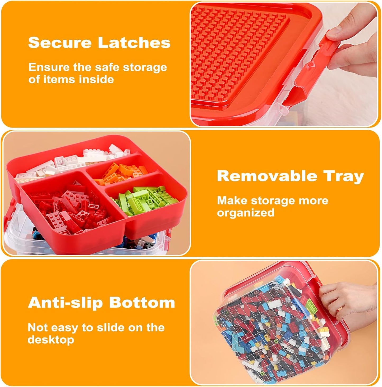Plastic Storage Container with Bricks Baseplate Lid for Building Blocks, Bricks Building Set Organization Bin with Compartments Tray, Stackable Storage Box Building Block Chest Case (Red)