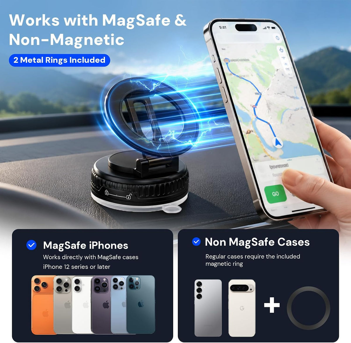 2026 Upgraded Magnetic Car Phone Mount for MagSafe: 360° Rotatable Adjustable Holder with 180+LBS Strong Suction Cup & 2800gf Magnet, Compatible with iPhone 17/16/15 Series & Android Devices