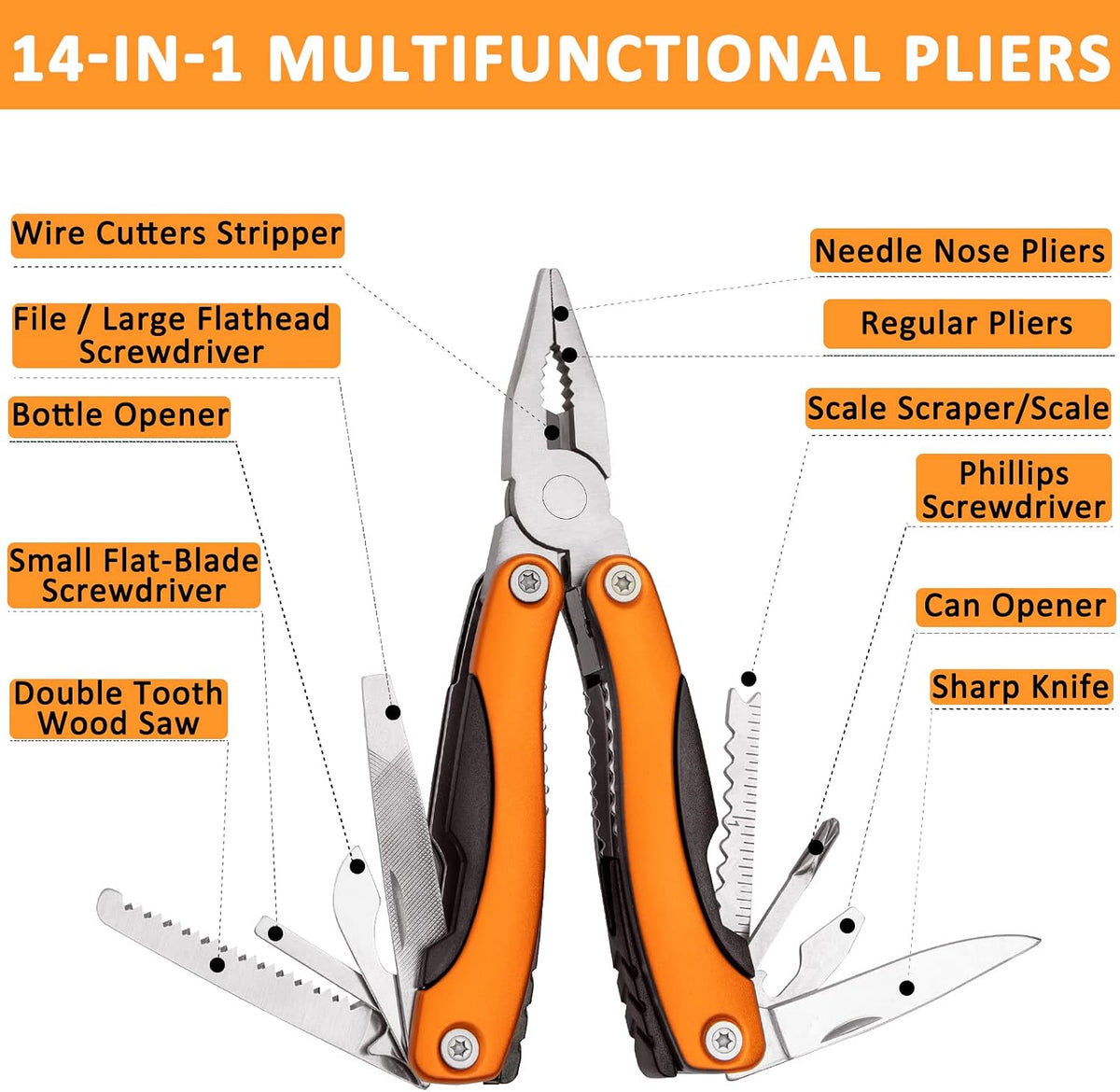 98 PCS Roadside Car Emergency Assistance Kit with Portable Air Compressor Jumper Cables Safety Hammer All in One Pliers Tool Set（Orange）