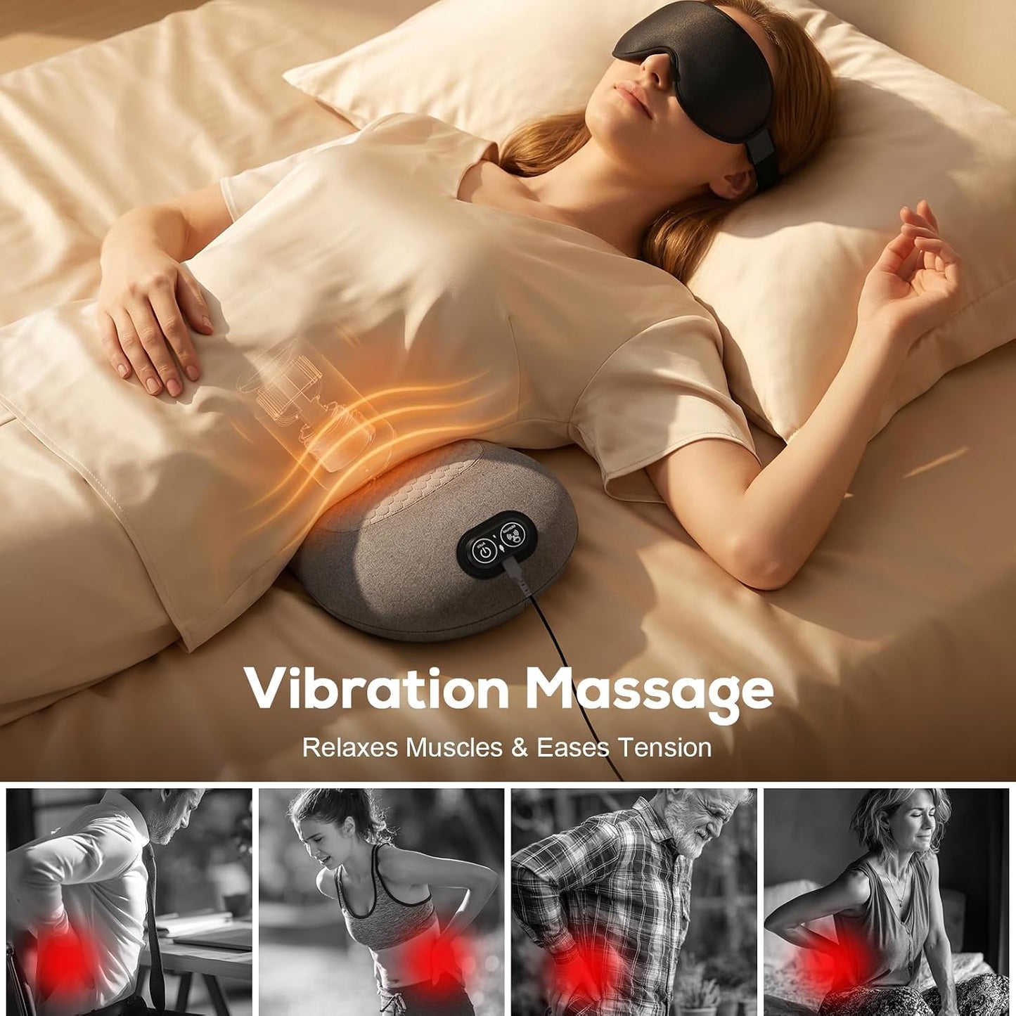 2026 Upgraded 3-in-1 Lumbar Support Pillow with Heat, Vibration & Stretching, Ergonomic Electric Lumbar Pillow with 3D Eye Mask, Portable Lower Back Support Cushion for Home, Office, Car & Travel