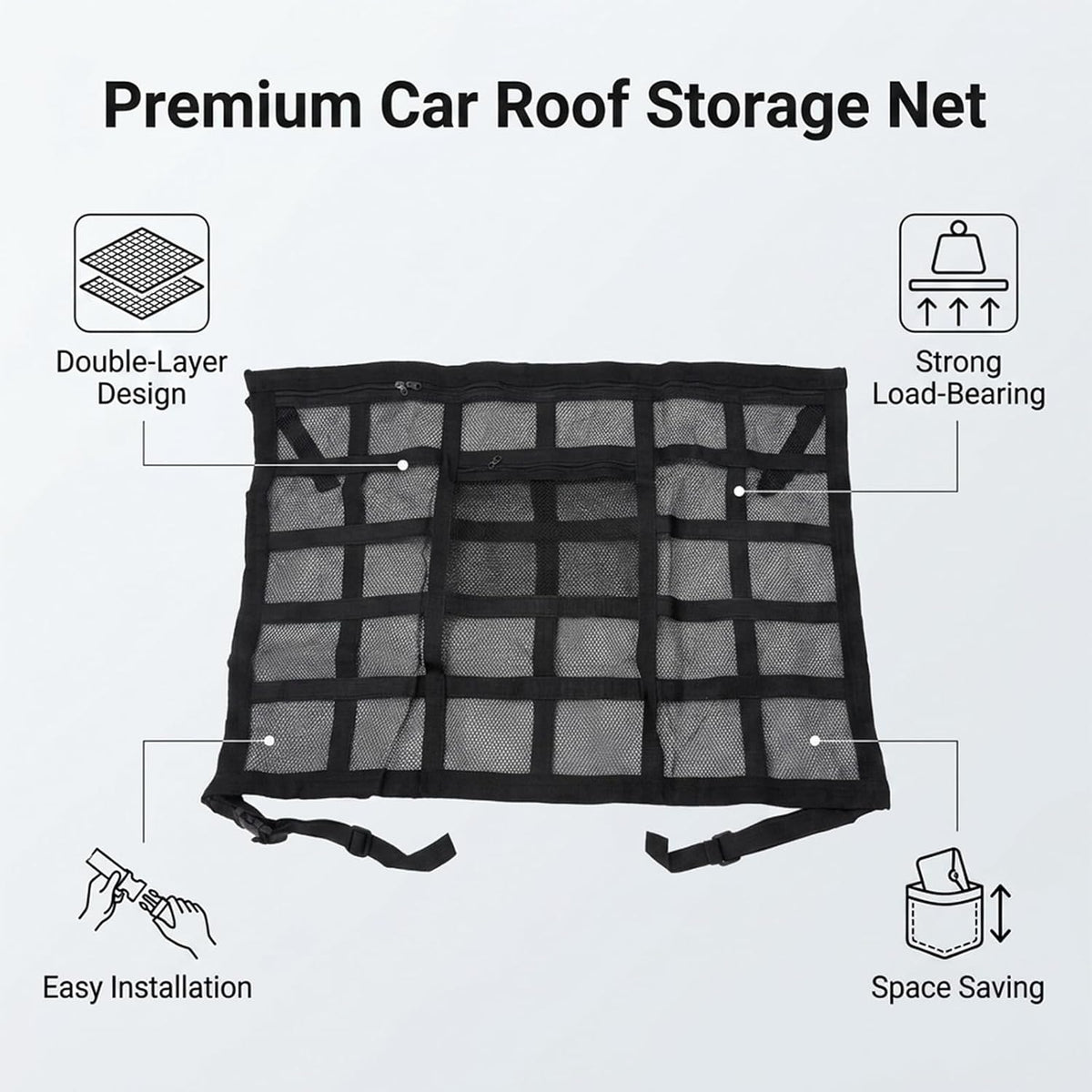 Car Ceiling Cargo Net, 30" x 21.2" Adjustable Double-Layer Mesh Roof Organizer, Versatile Storage Solution for Cars, SUVs and Trucks, Van Life Accessories for Travel and Camping