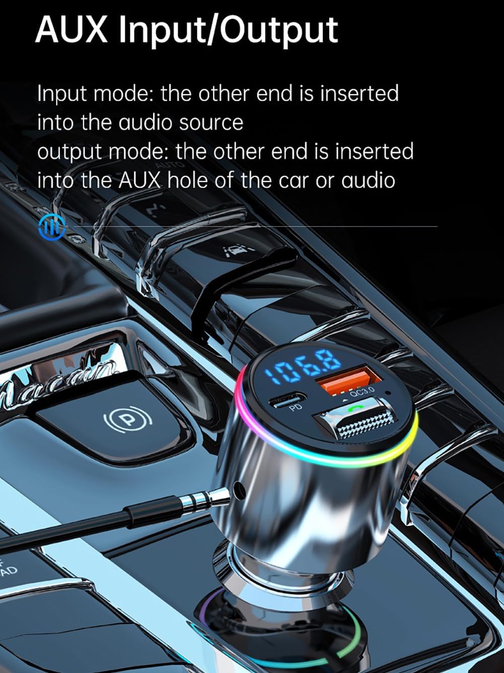 Upgraded V5.3 FM Bluetooth Transmitter Car, Full Metal Bluetooth Car Adapter, Hi-Fi Bass Sound, PD 30W & QC 18W, Handsfree Calls, 7 LED Colors, AUX Output