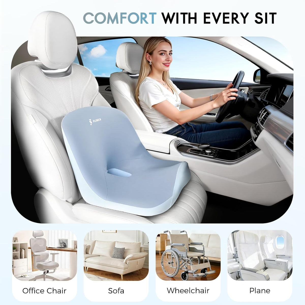 Car Seat Cushion and Lumbar Support Pillow, Larger Memory Foam Seat Cushion, Ergonomic L-Shaped Design Cushion for Back Pain Relief, Non-Slip Driving Cushion for Car, Office, Truck, Gifts for Mom-Blue