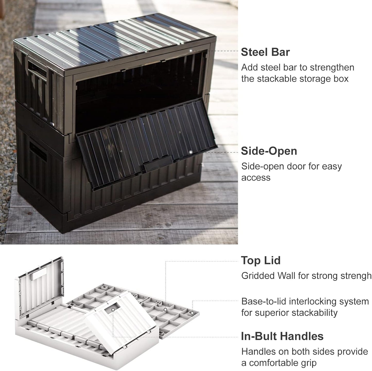 livinbox 45L Stackable Foldable bins for storage, Collapsible Storage Bins w/lids Side-Open Door, Home Office Bedroom Living Room Comic Books, Black, FB-6432S-BK
