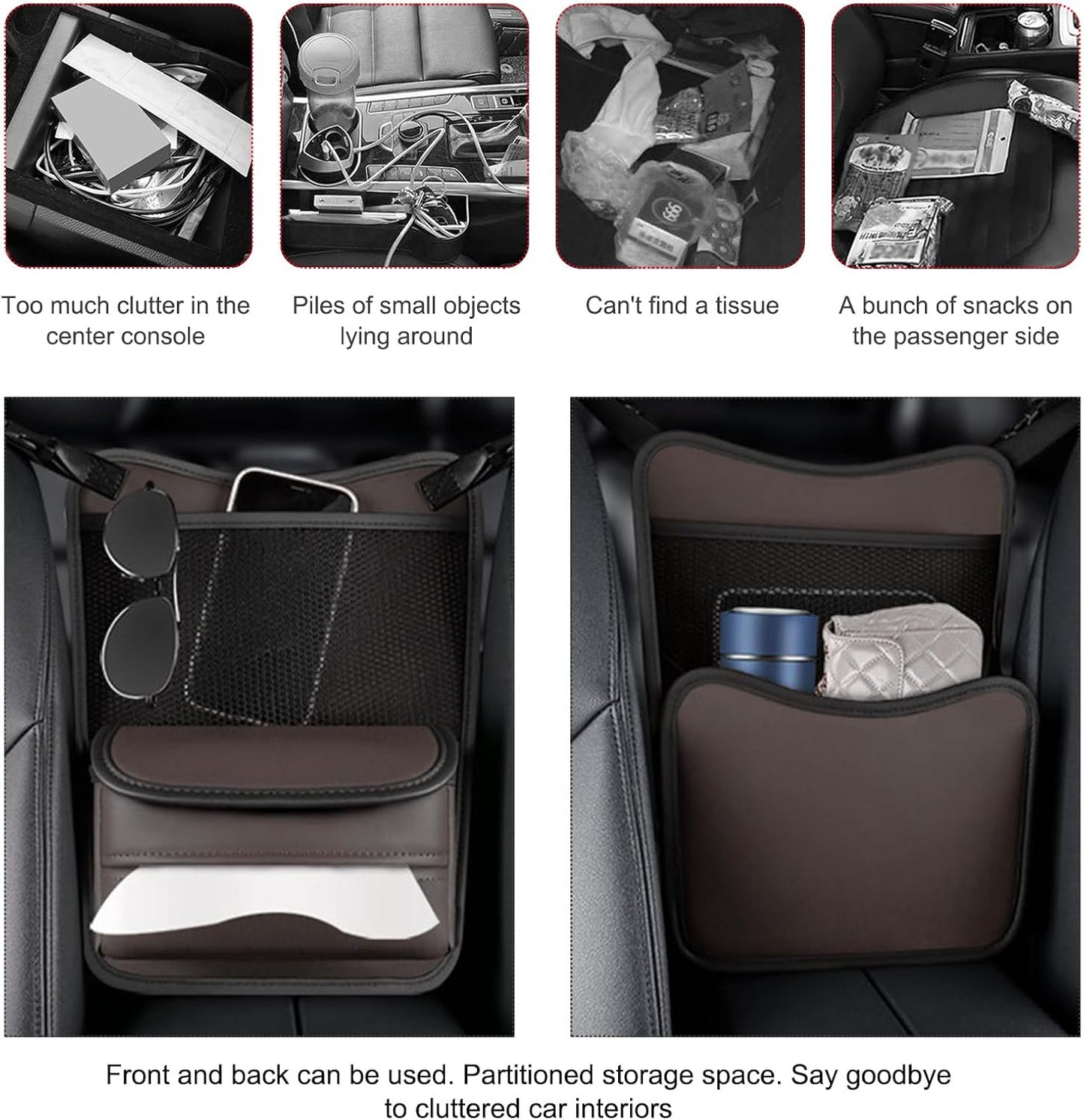 Ohleats Car Organizer Storage Between Seats, Nappa Leather Auto Handbag Holder for Document Phone Storage, Large Capacity Automotive Console Pocket Purse, Car Accessories (Brown)