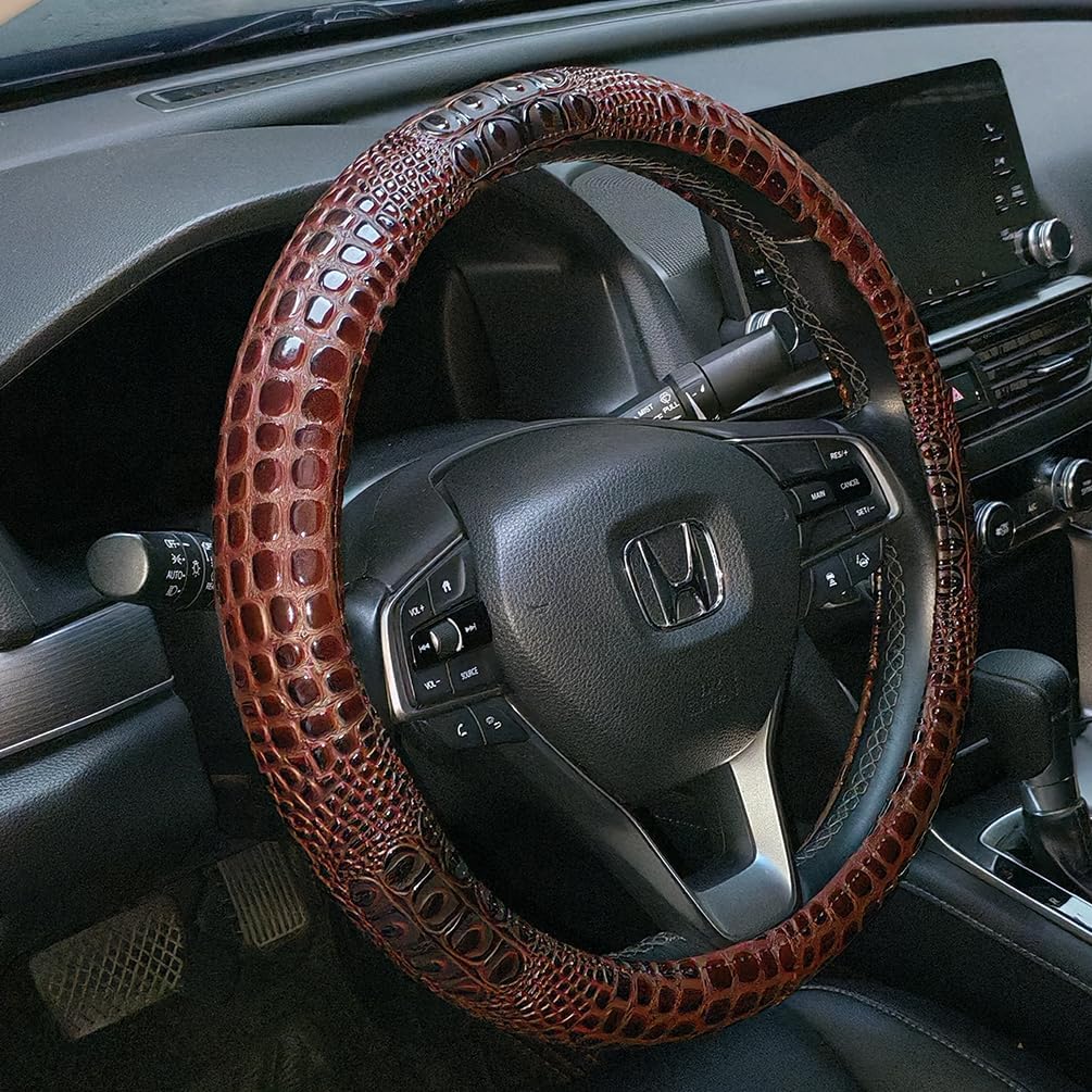 Crocodile Grain Leather Four Seasons Universal Car Steering Wheel Cover Sport Cute Handle Case for Men Auto Interior Accessories, Brown